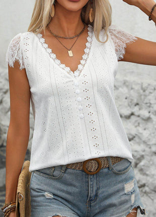 Eyelet Lace Detail V-Neck Cap Sleeve Top - MimiStylez