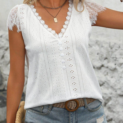Eyelet Lace Detail V-Neck Cap Sleeve Top - MimiStylez