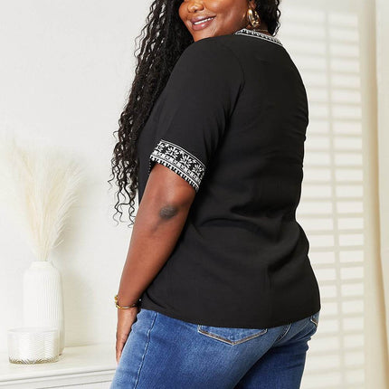 Double Take Embroidered Notched Neck Top - MimiStylez
