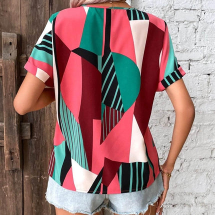 Printed V-Neck Short Sleeve Blouse - MimiStylez