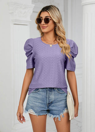 Eyelet Puff Sleeve Round Neck Blouse - MimiStylez