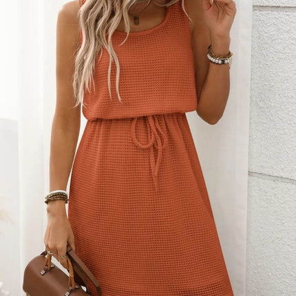 Waffle-Knit Drawstring Mini Tank Dress - MimiStylez