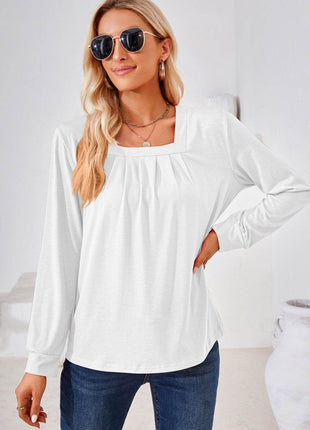 Square Neck Ruched Long Sleeve Blouse - MimiStylez