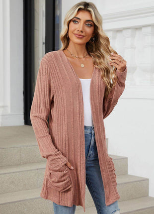 Pocketed Open Front Long Sleeve Cardigan - MimiStylez