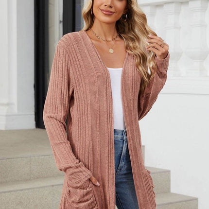 Pocketed Open Front Long Sleeve Cardigan - MimiStylez