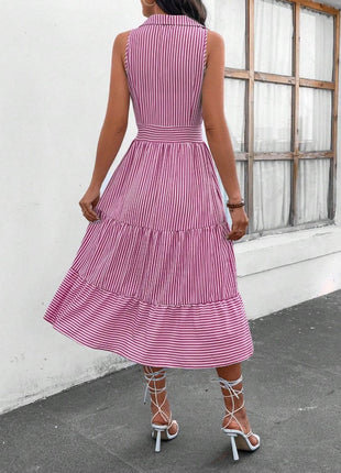Striped Johnny Collar Sleeveless Midi Dress - MimiStylez
