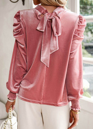 Tie Up Mock Neck Velvet Fabric Long Sleeve Blouse - MimiStylez