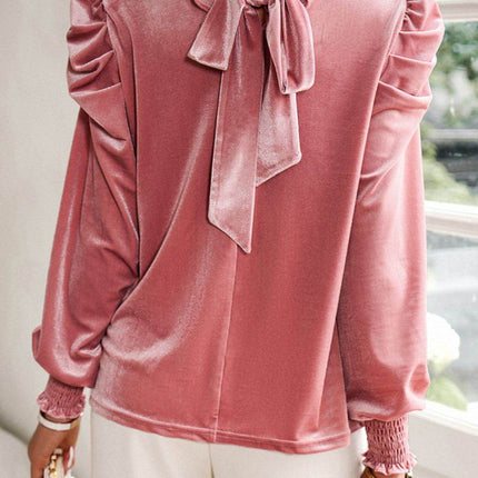 Tie Up Mock Neck Velvet Fabric Long Sleeve Blouse - MimiStylez