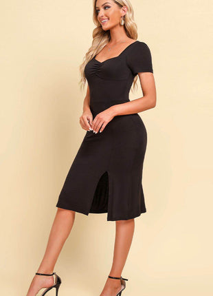 Ruched Sweetheart Neck Short Sleeve Slit Dress - MimiStylez