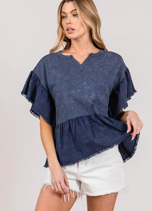 SAGE + FIG Ruffle Sleeve Washed Short Sleeve Blouse - MimiStylez