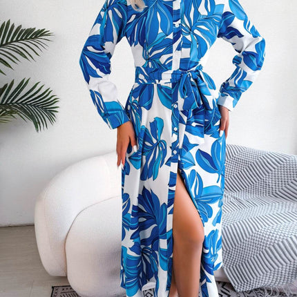Tied Button Up Long Sleeve Dress - MimiStylez