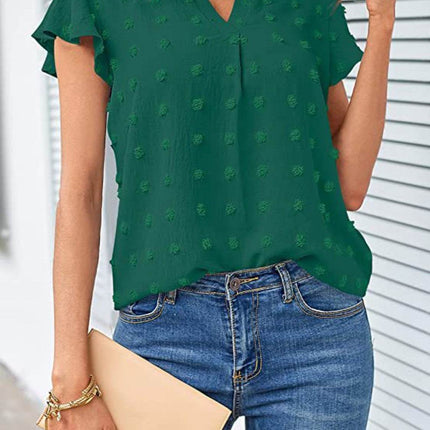 Swiss Dot Notched Cap Sleeve Blouse - MimiStylez