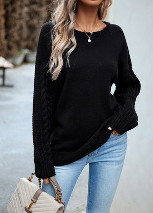 Cable-Knit Round Neck Drop Shoulder Sweater