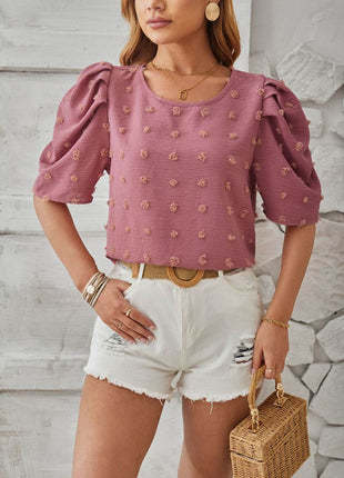 Swiss Dot Round Neck Short Sleeve Blouse - MimiStylez