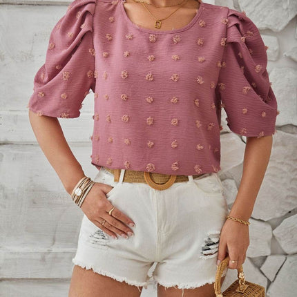 Swiss Dot Round Neck Short Sleeve Blouse - MimiStylez