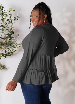 Double Take Half Button Long Sleeve Ruffle Hem Blouse - MimiStylez