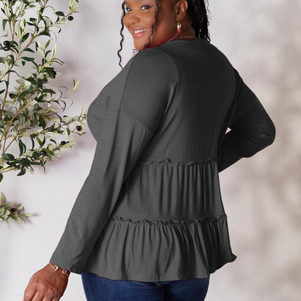 Double Take Half Button Long Sleeve Ruffle Hem Blouse - MimiStylez