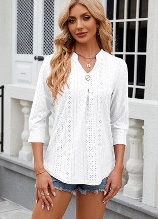 Eyelet Notched Knit Jacquard Top - MimiStylez