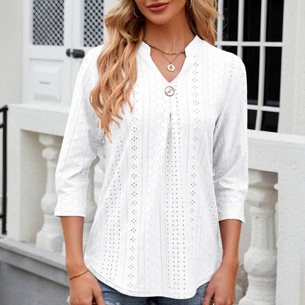 Eyelet Notched Knit Jacquard Top - MimiStylez