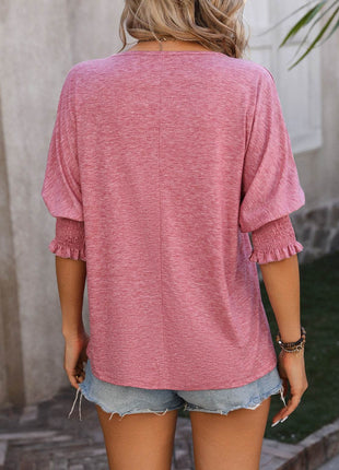 Heathered Notched Lantern Sleeve Blouse - MimiStylez