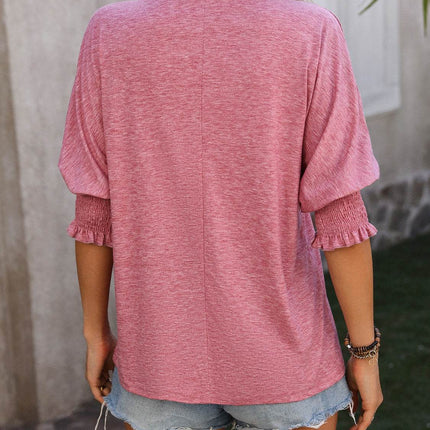 Heathered Notched Lantern Sleeve Blouse - MimiStylez