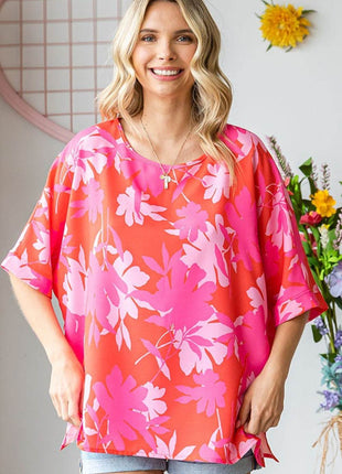 First Love Slit Printed Round Neck Half Sleeve Blouse - MimiStylez