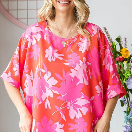 First Love Slit Printed Round Neck Half Sleeve Blouse - MimiStylez