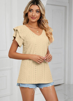 Eyelet Layered Flutter Sleeve V-Neck Knit Top - MimiStylez
