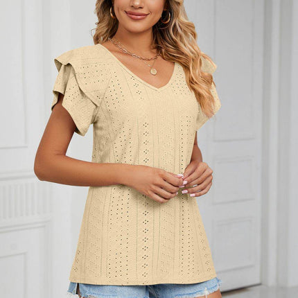 Eyelet Layered Flutter Sleeve V-Neck Knit Top - MimiStylez