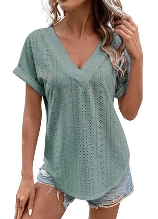 Eyelet V-Neck Short Sleeve Blouse - MimiStylez