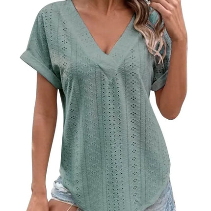 Eyelet V-Neck Short Sleeve Blouse - MimiStylez