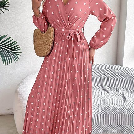 Tied Polka Dot Long Sleeve Midi Dress - MimiStylez