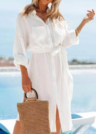 Button Down Tie Waist Shirt Dress - MimiStylez