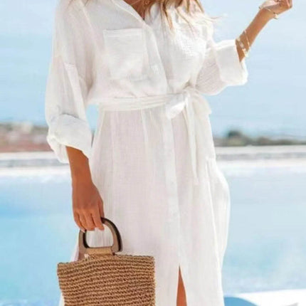 Button Down Tie Waist Shirt Dress - MimiStylez