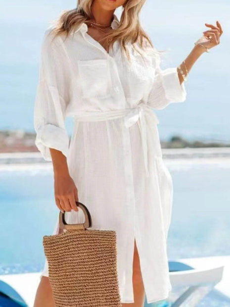 Button Down Tie Waist Shirt Dress - MimiStylez