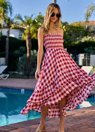 BiBi Smocked Body Off Shoulder Check Dress - MimiStylez