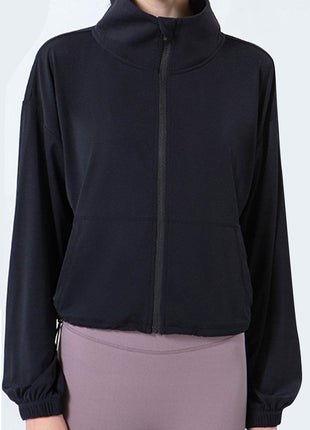 Drawstring Zip Up Dropped Shoulder Active Outerwear - MimiStylez