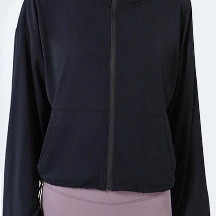 Drawstring Zip Up Dropped Shoulder Active Outerwear - MimiStylez