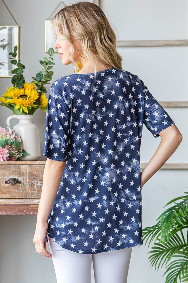 Heimish Full Size Short Sleeve Crisscross Star Babydoll Top - MimiStylez