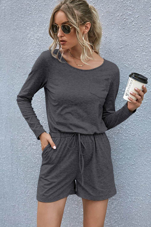 Drawstring Waist Long Sleeve Romper - MimiStylez