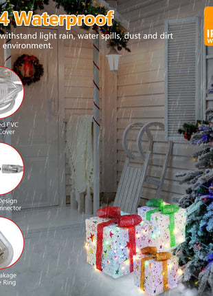 Star-Deer Pattern Options -- Set Of 3 Christmas Lighted Gift Boxes Xmas Present Ornament 50 LED Christmas Box Decorations With Ribbon Bows IP44 Waterproof Battery Powered For Indoor Outdoor Decor