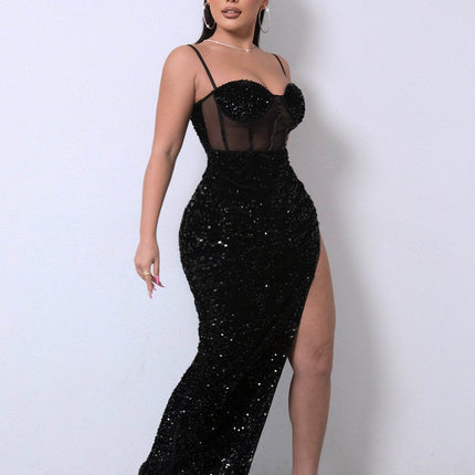 Sequin Spliced Mesh Adjustable Strap Dress - MimiStylez
