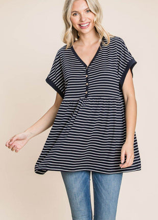 Cotton Bleu by Nu Label Striped Button Front Baby Doll Top - MimiStylez