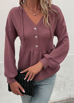 Waffle-Knit Buttoned Drop Shoulder Hoodie - MimiStylez