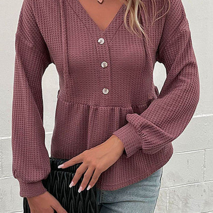 Waffle-Knit Buttoned Drop Shoulder Hoodie - MimiStylez