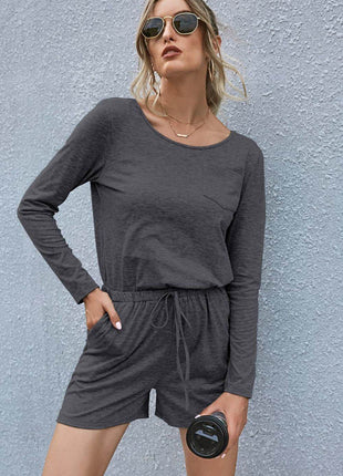 Drawstring Waist Long Sleeve Romper - MimiStylez