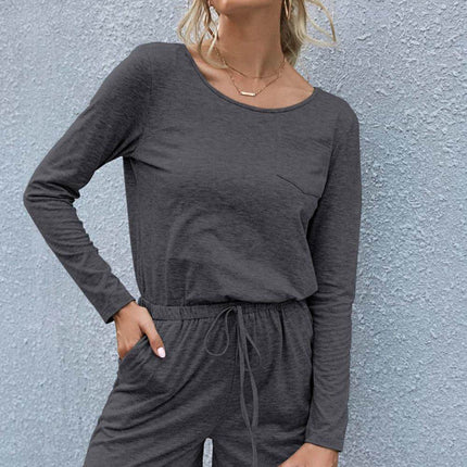 Drawstring Waist Long Sleeve Romper - MimiStylez