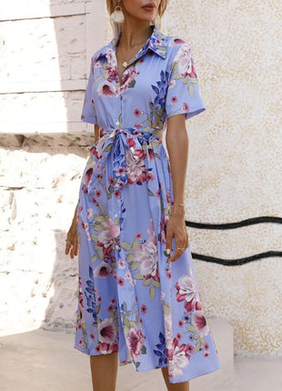 Printed Tie Waist Short Sleeve Midi Shirt Dress - MimiStylez