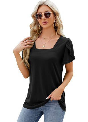 Square Neck Short-sleeved T-shirt With Petal Sleeve Design Bohemian Loose T-shirt - MimiStylez