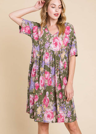 BOMBOM Flower Print V-Neck Ruched Dress - MimiStylez